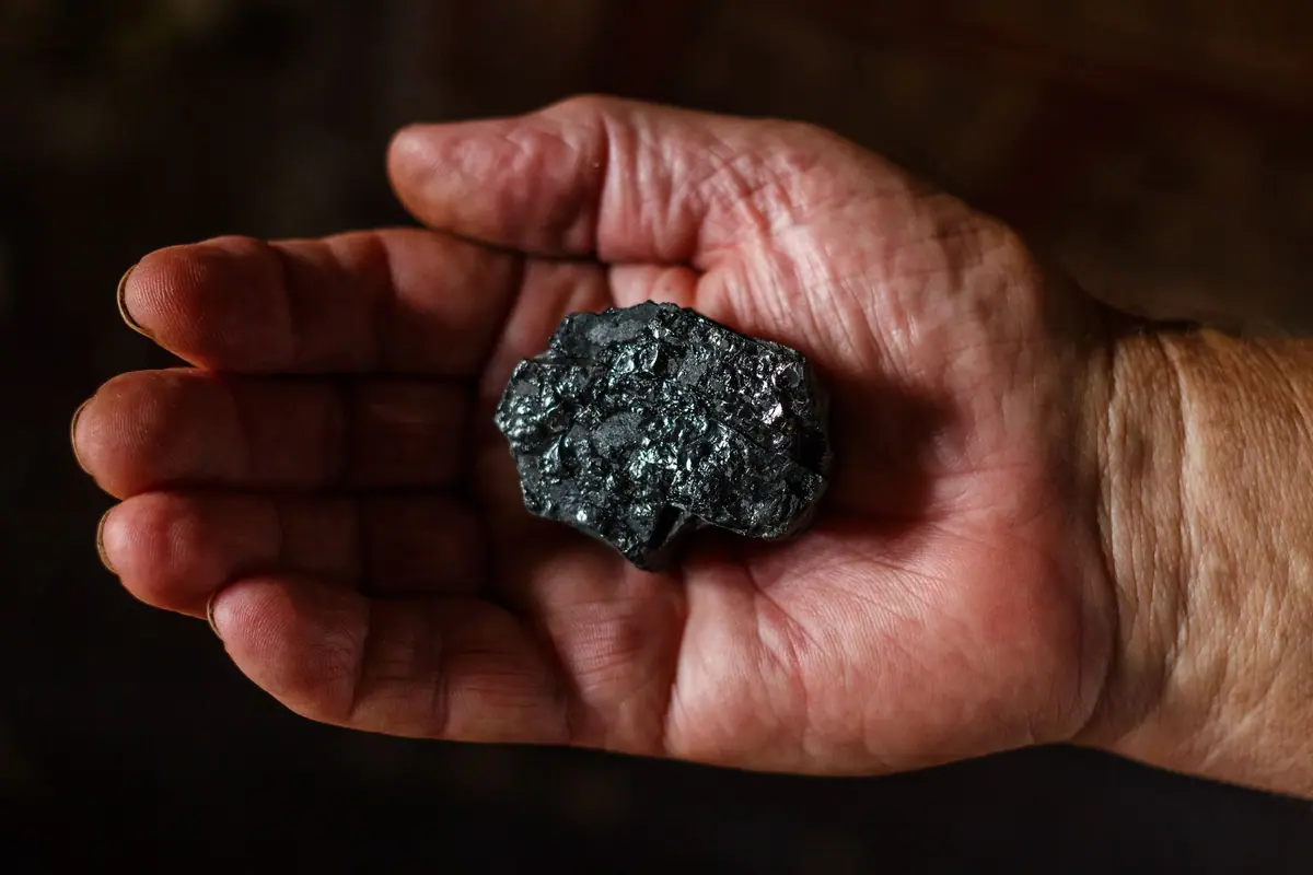 A hand holding a piece of coal